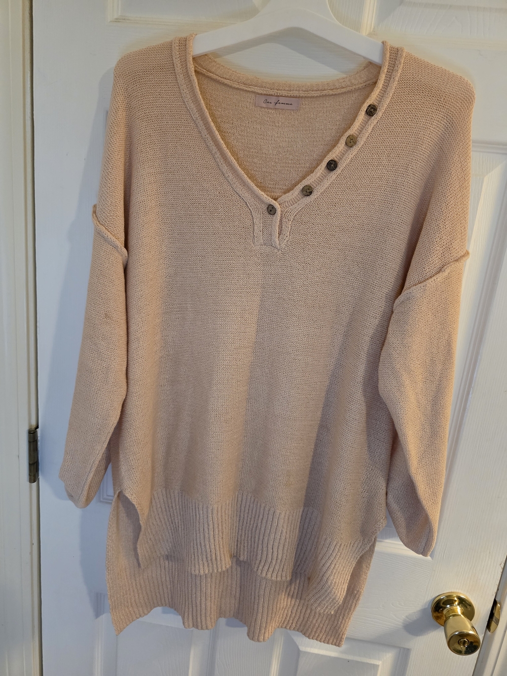 Ces Femme Pale Blush V-Neck Button Detail Sweater